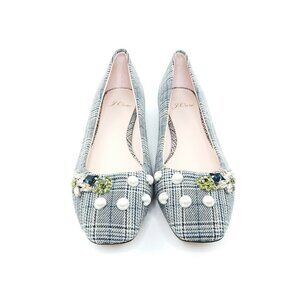 J.Crew Sally Womens Flats Plaid Embellished Gray Blue Jewel Pearl Size 9
